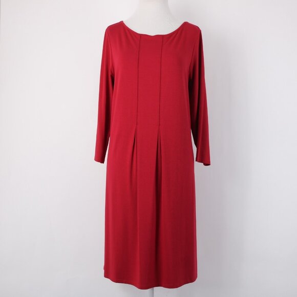 J Jill Dress $99 Sz M True Red Pleated Rayon Lycra Spandex Midi Dress - Picture 2 of 15